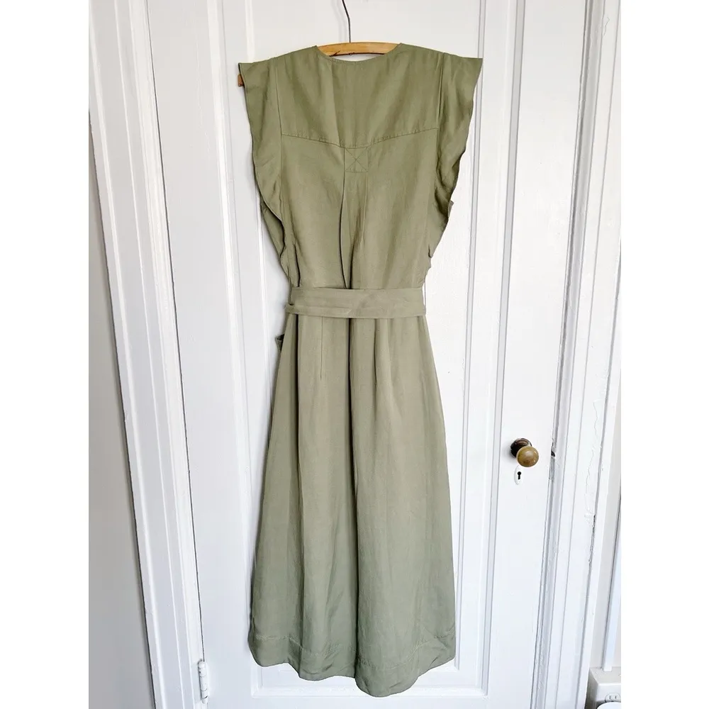 REISS • Emma Plunge Frill Shoulder Dress green midi button front tie waist belt - Image 13