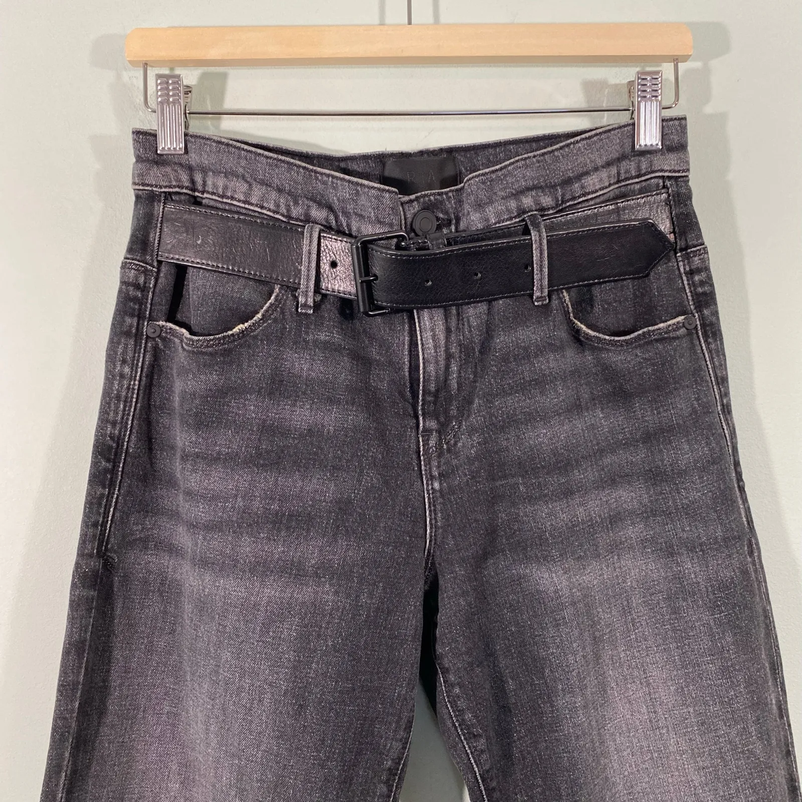 RTA Women Studio Black Leather Belted Straight Flare Ankle Raw Hem Jeans Size XS - Image 2