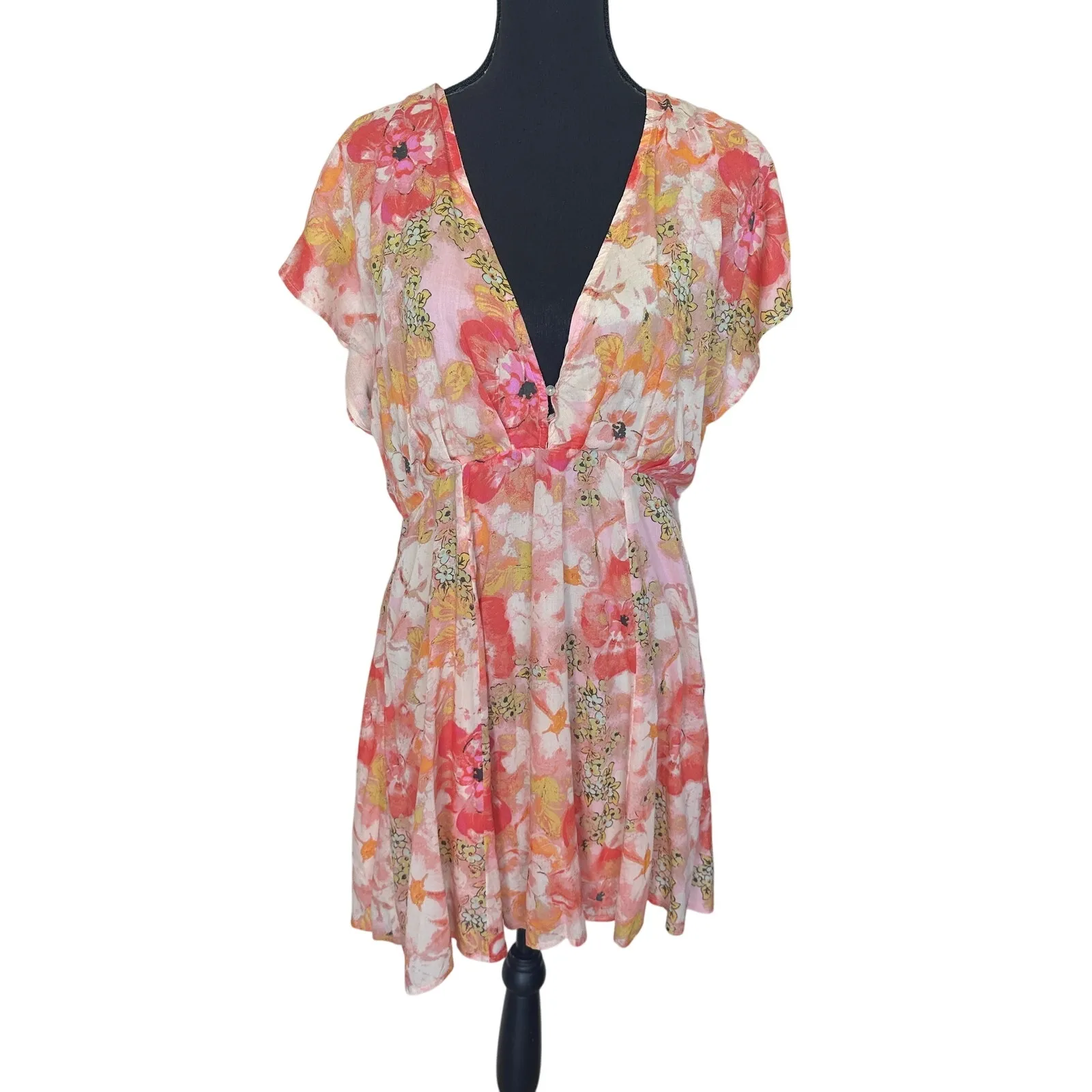 Free People Pink Floral Fit Flare Mini Dress MEDIUM Plunging Romantic Vacation - Image 4