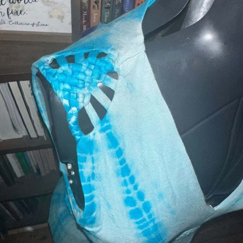 Sundance tie dye boho strapless S knit travel maxi dress Blue - Image 3