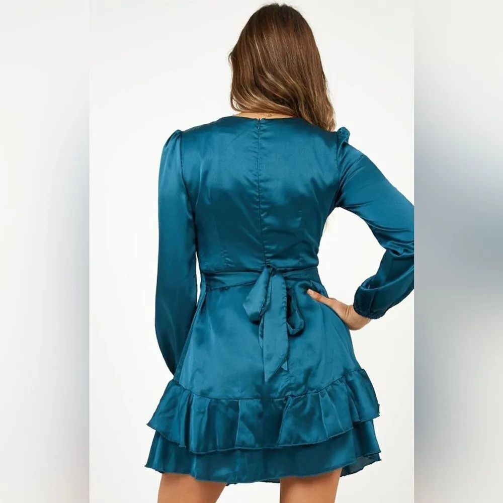 Showpo Teal Satin Dress Size 6 Blue - Image 4