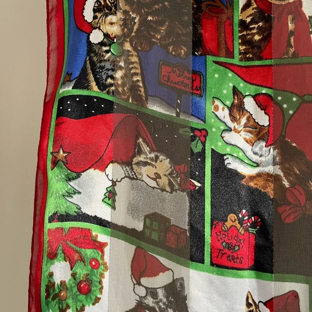 Vintage Christmas Cat Scarf Sheer Red Green Holiday Kitty Print Accessory - Image 4