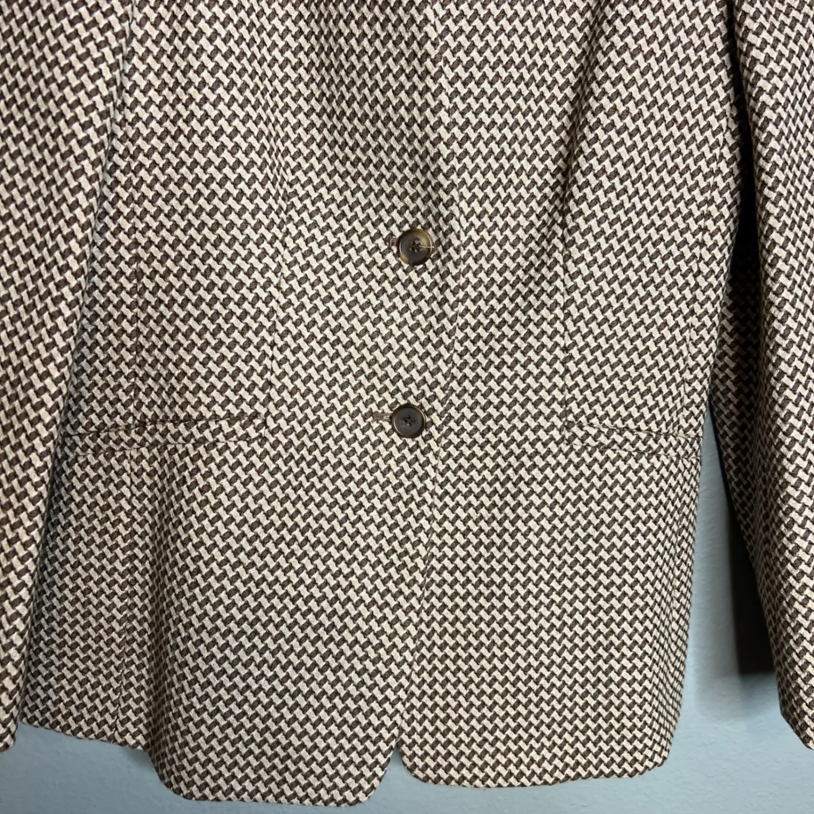 Talbots Petites Blazer Size‎ 2 Houndstooth Brown Beige Career Jacket Collarless - Image 4