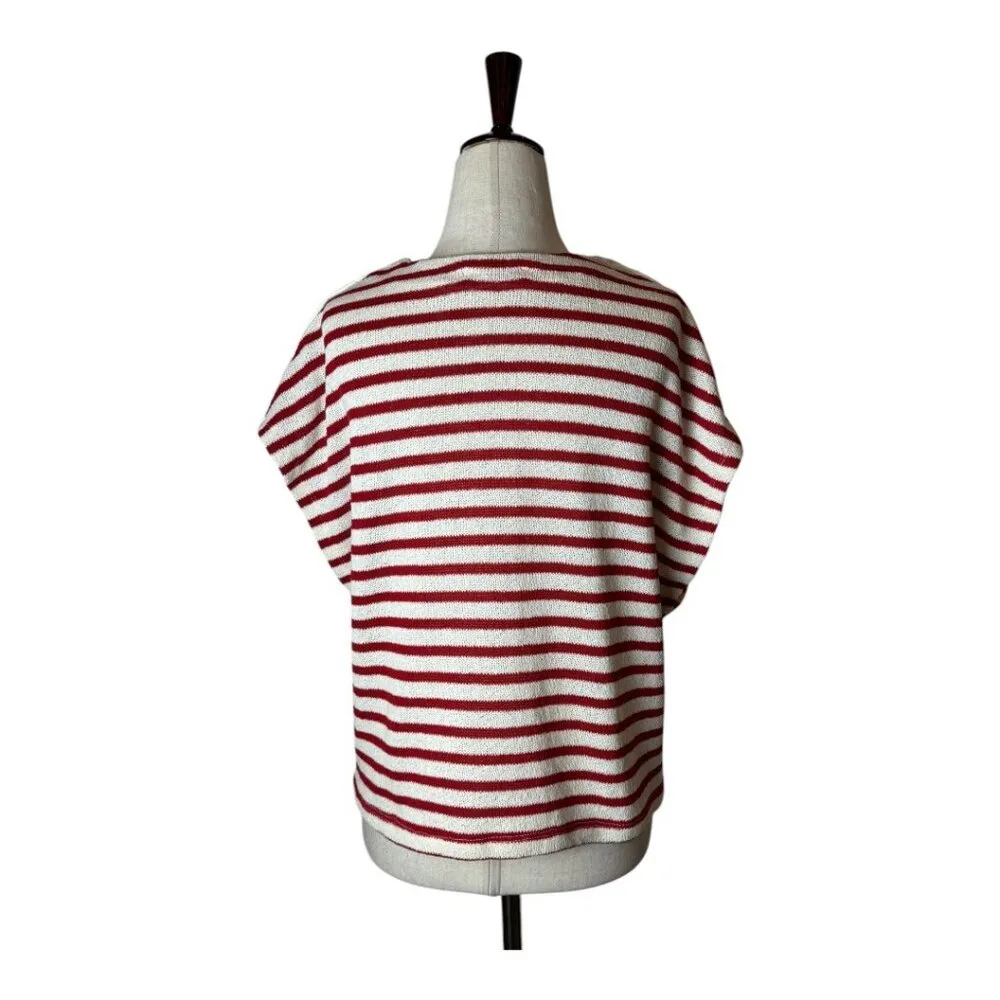 Zara Shirt Women Medium Red White Striped Knit Button Shoulder Top‎ Coastal - Image 2