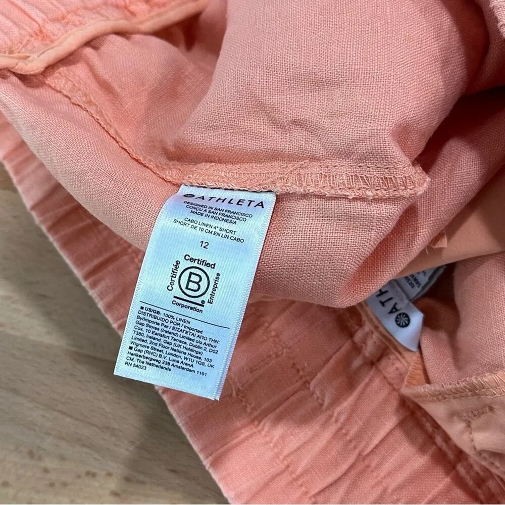 Athleta Cabo Linen 4" Shorts Pull on Drawstring Cactus Peach Coral size 12 - Image 7