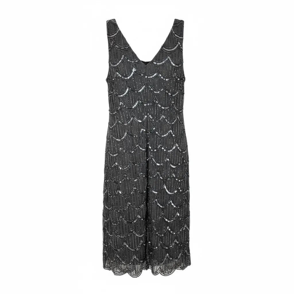 Beaded Cocktail Dress NWT Flapper Gatsby Grey V - Image 3