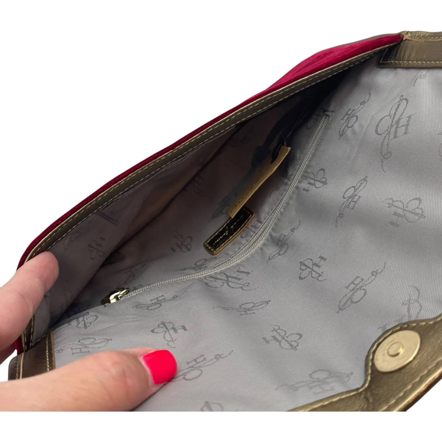 Cole Haan Masquerade Envelope Clutch Velvet Leather Red Gold - Image 7