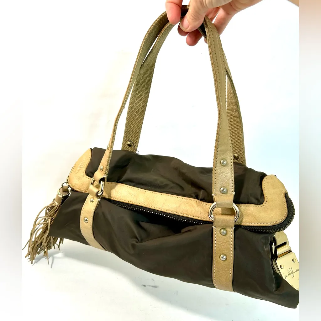 7 For All Mankind Brown Nylon and Leather Foldover Satchel with Fringe Detail - Image 3