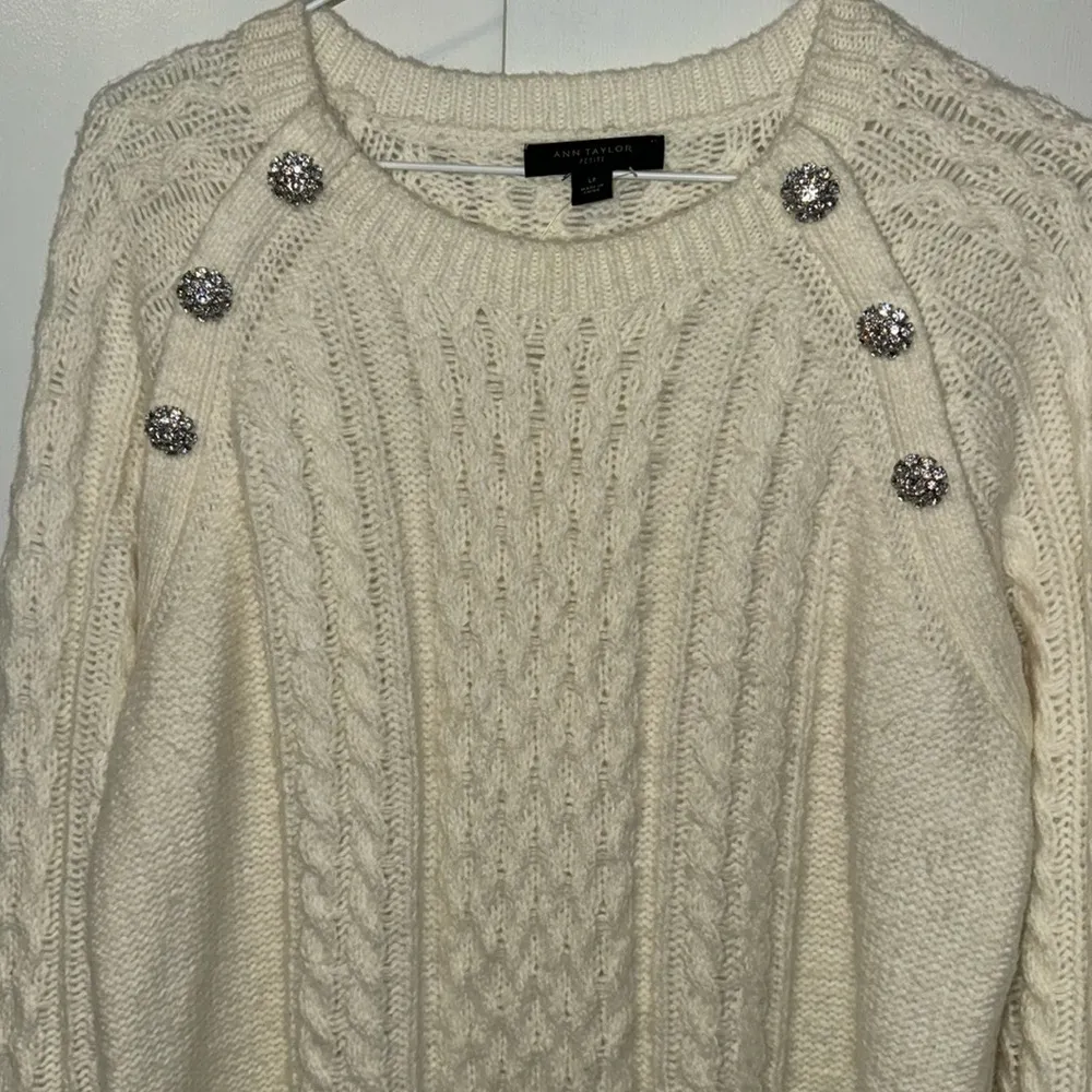 Ann Taylor Petite Jeweled Cable Knit Sweater Wool Blend Ivory Women’s Large LP - Image 3