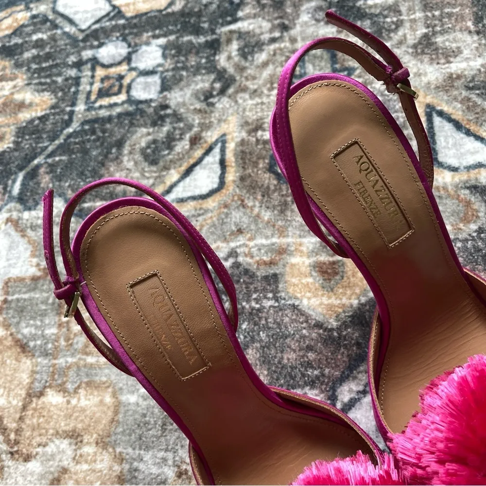 Aquazzura Satin Pom Pom Pink Slingback Heels Powder Puff Size 7 - Image 3