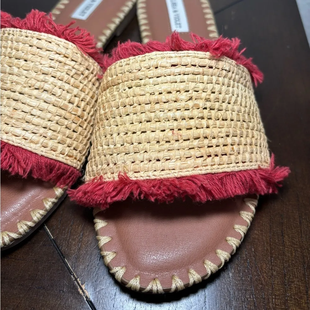 Chelsea & Violet Rafa Fringe Sandals Slides Red Woven Tan Women's Size‎ 9 Boho - Image 4
