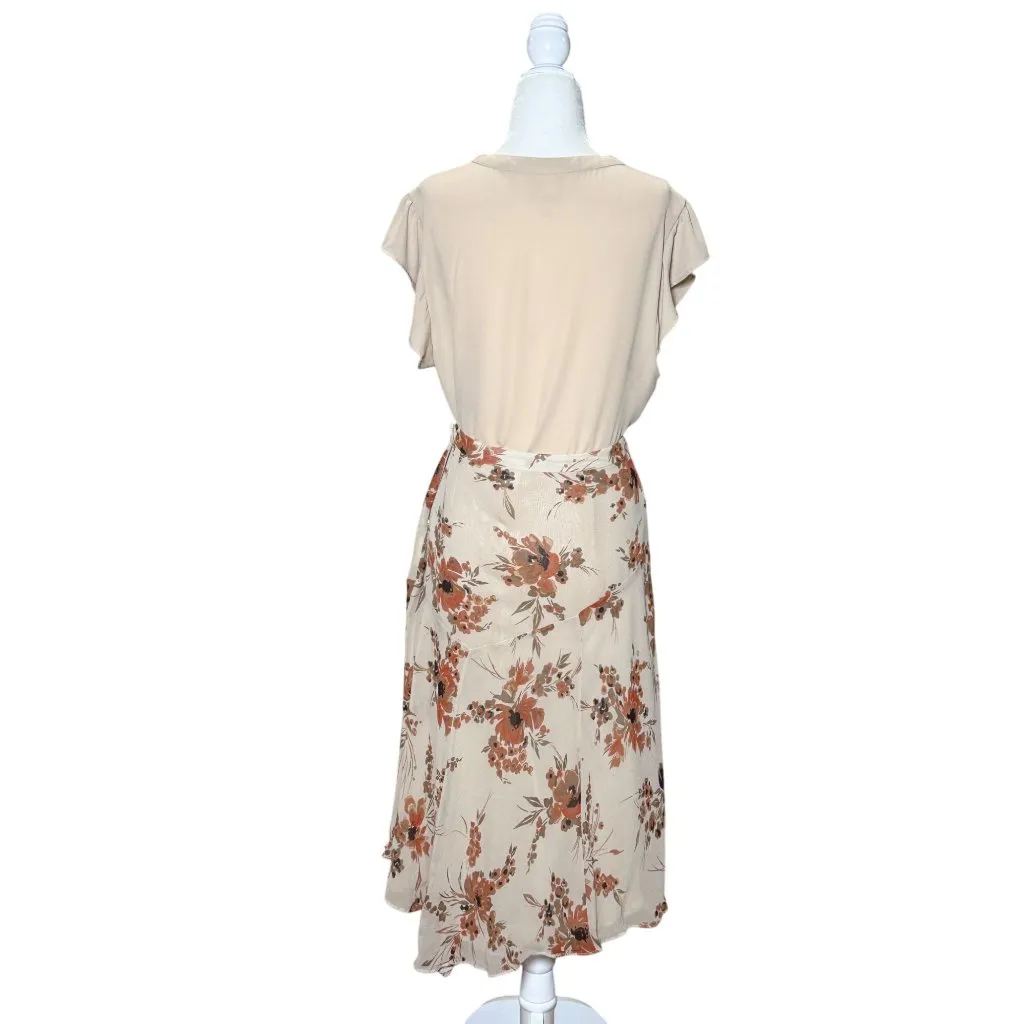 Banana Republic 100% Silk 2006 Floral Midi Skirt 4  Asymmetric Beige Ruffled Hem - Image 5
