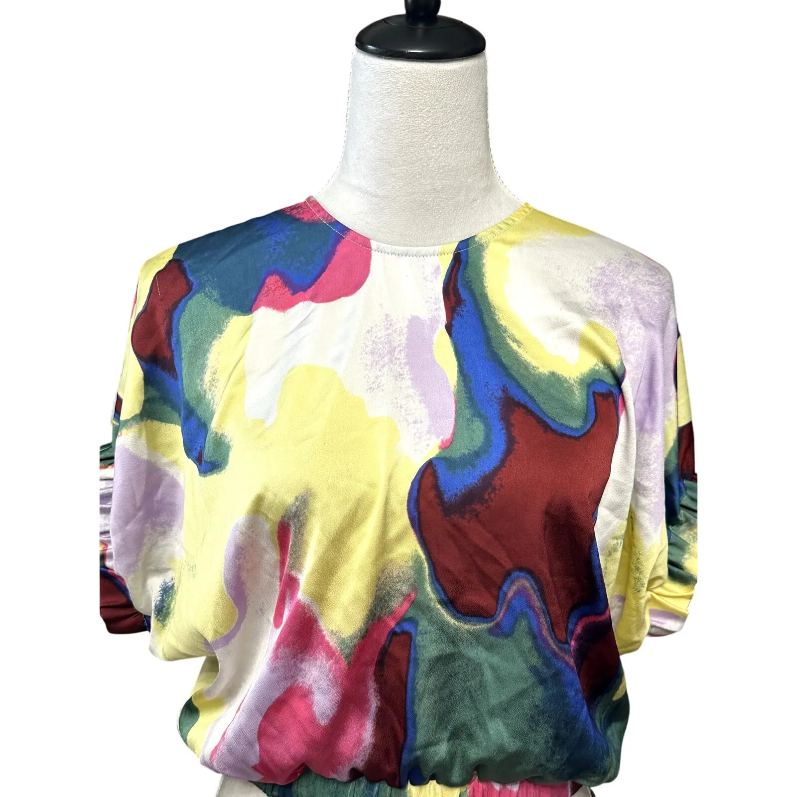 Open Edit Satin Blouse Short Sleeve Cut Out Back Multicolor Women's Medium NWOT - Image 2