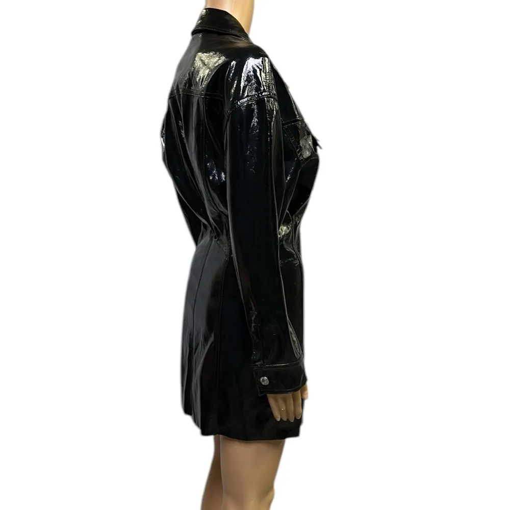 Zara Raeh Black Faux Patent Leather Button Up Long Sleeve Mini Dress Womens XS - Image 2