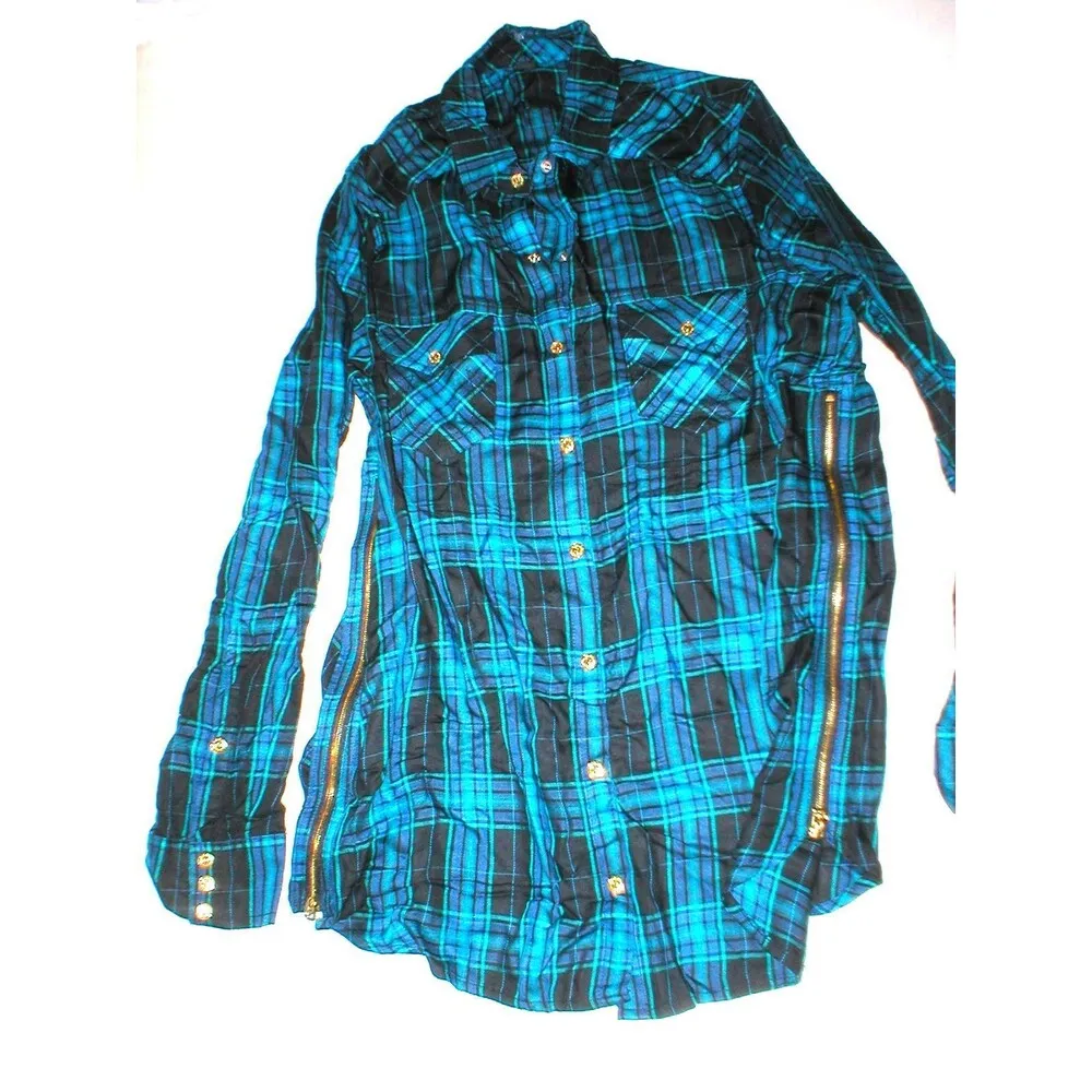 New Womens Designer True Religion S Plaid Top Logo Black Aqua Blue NWT Tunic Zip - Image 2