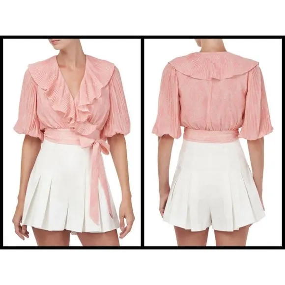 💕AMUR💕 Naya Ruffled Wrap Top Lemon Peach Rose Lace Small Puff Sleeve Crop Top - Image 2