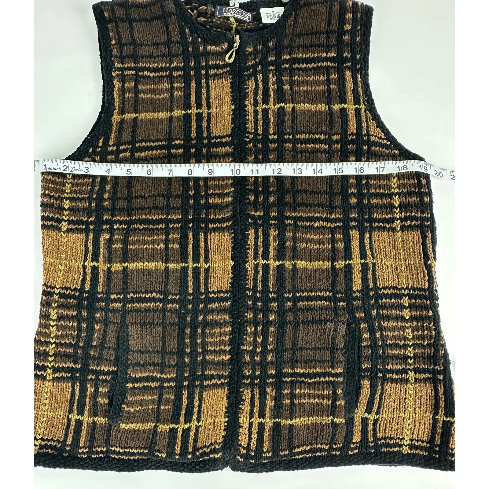 Vintage Harold's Size Large Woven Knit Vest Black Brown Full Zip Retro Hipster - Image 11