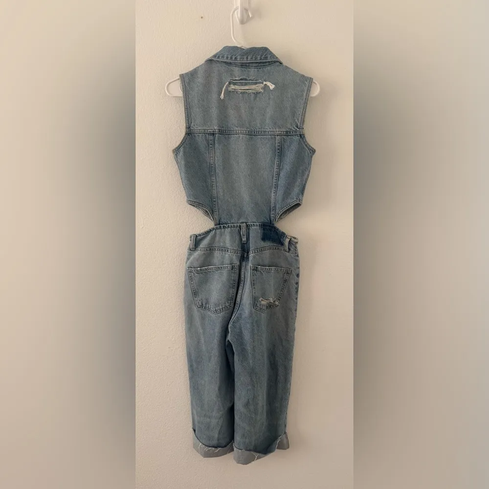 Zara Denim Cut Out Jumpsuit Cropped Length Sleeveless Distressed Light Wash XS - Image 2