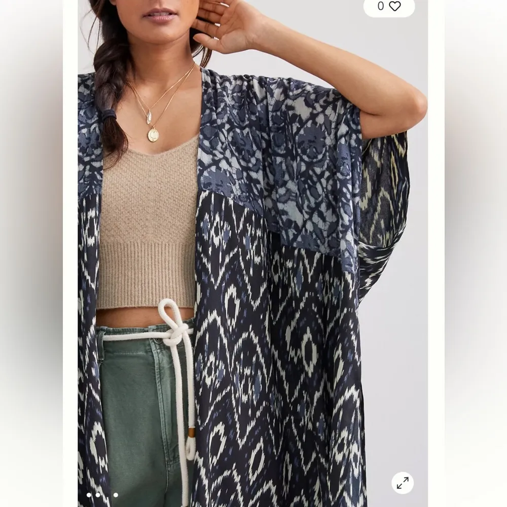 Anthropologie In Our Nature Kimono Top Cardigan Ikat Midnight One Size. E34 Blue - Image 7