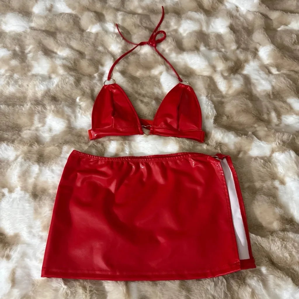 Red Halter Bikini Top and Skirt Set Size XS - Image 2