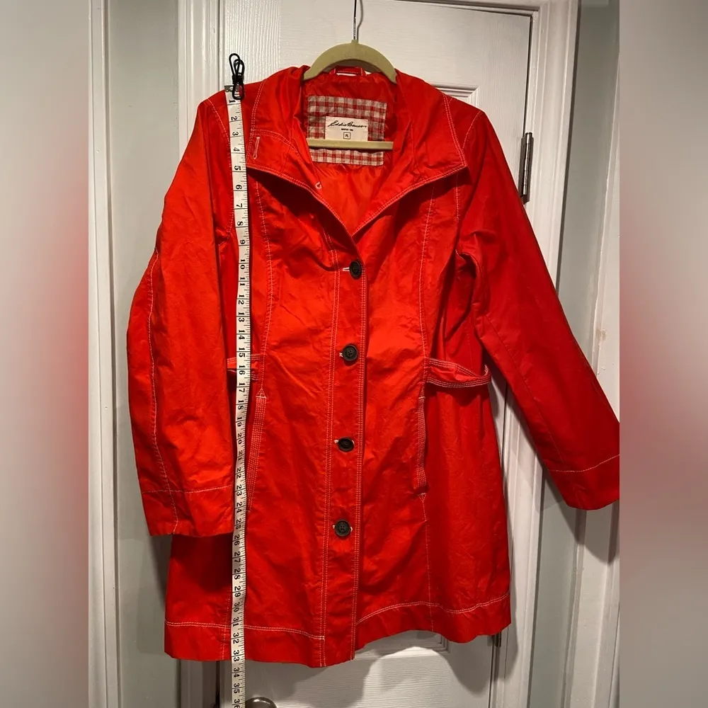 Eddie Bauer Red Trench Coat White Contrast Trim Big Black Buttons Lined Size L P - Image 6