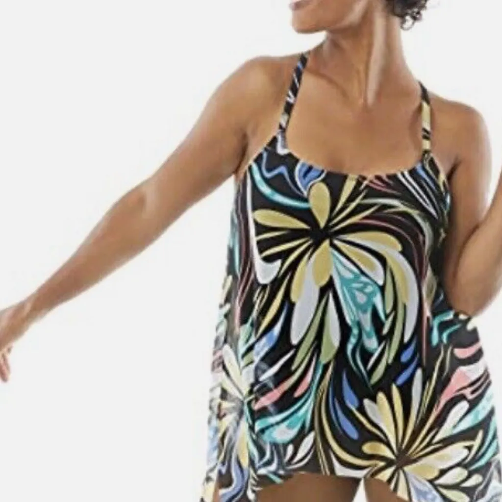 COCO Reef Contours Current Bra Sized Mesh Layer Tankini Top in Retro Swirl 36D - Image 5