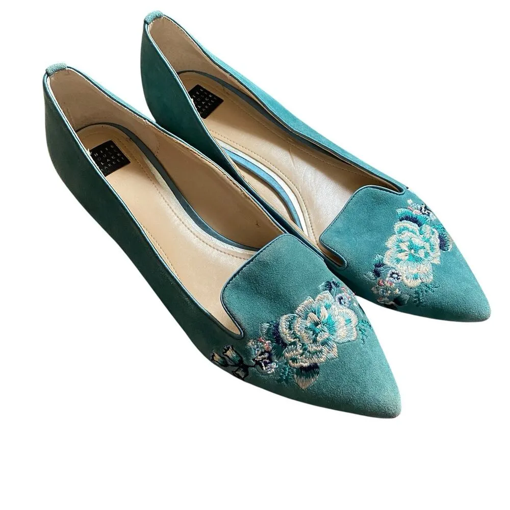 White House Black Market Women 8 .5 Blue Embroidered Floral Pointed Flats Flower - Image 4