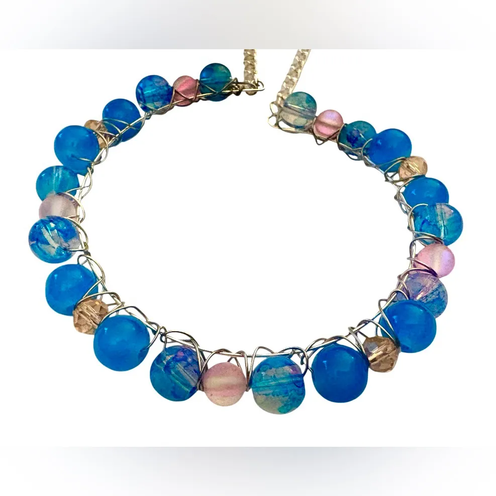 Hand Wired Bracelet with Cotton Candy Stained Glass Beads and Crystals Blue - Image 3