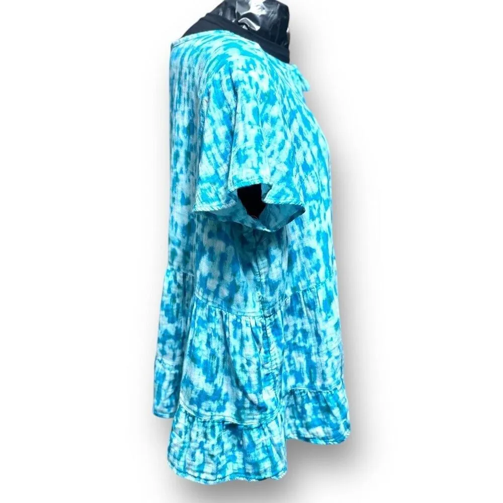 Terra & Sky Blue Tie Dye Tiered Peplum Blouse Tiered Cotton Boho Cottagecore 3X - Image 2