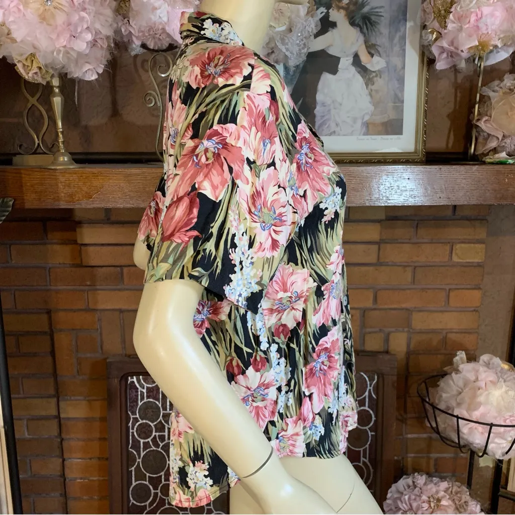 VINTAGE 1980'S PINK, BLACK & GREEN FLORAL PRINT TEDDI BLOUSE (MP) Multiple Size M - Image 7