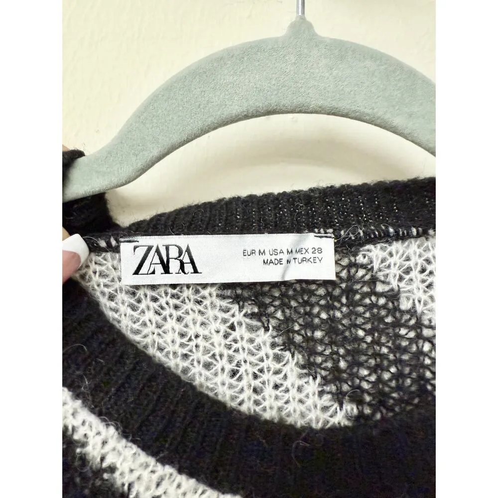 Zara Diagonal Stripe Long Sleeve Knit Sweater Dress Black/White Women's Size M - Image 3