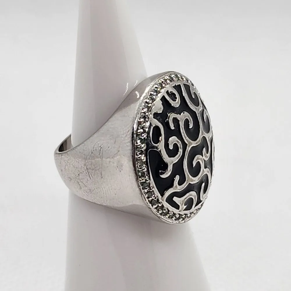 18K GE White Gold & Black Swirl Design Ring (4.75) Silver - Image 4
