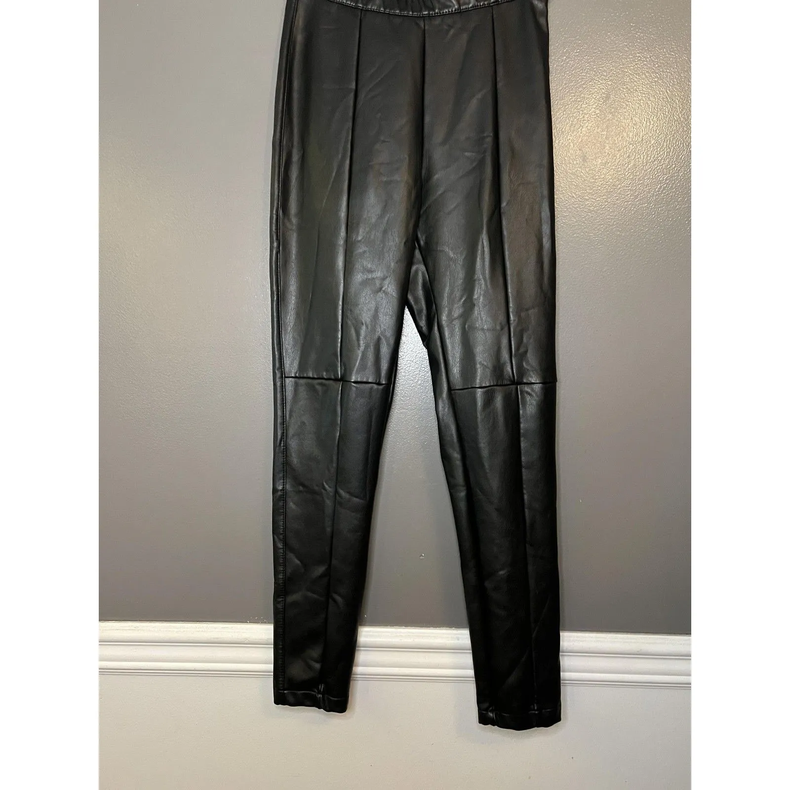Bershka Faux Leather Leggings Womens Large Black High Rise Stretch Ankle Pants - Image 2