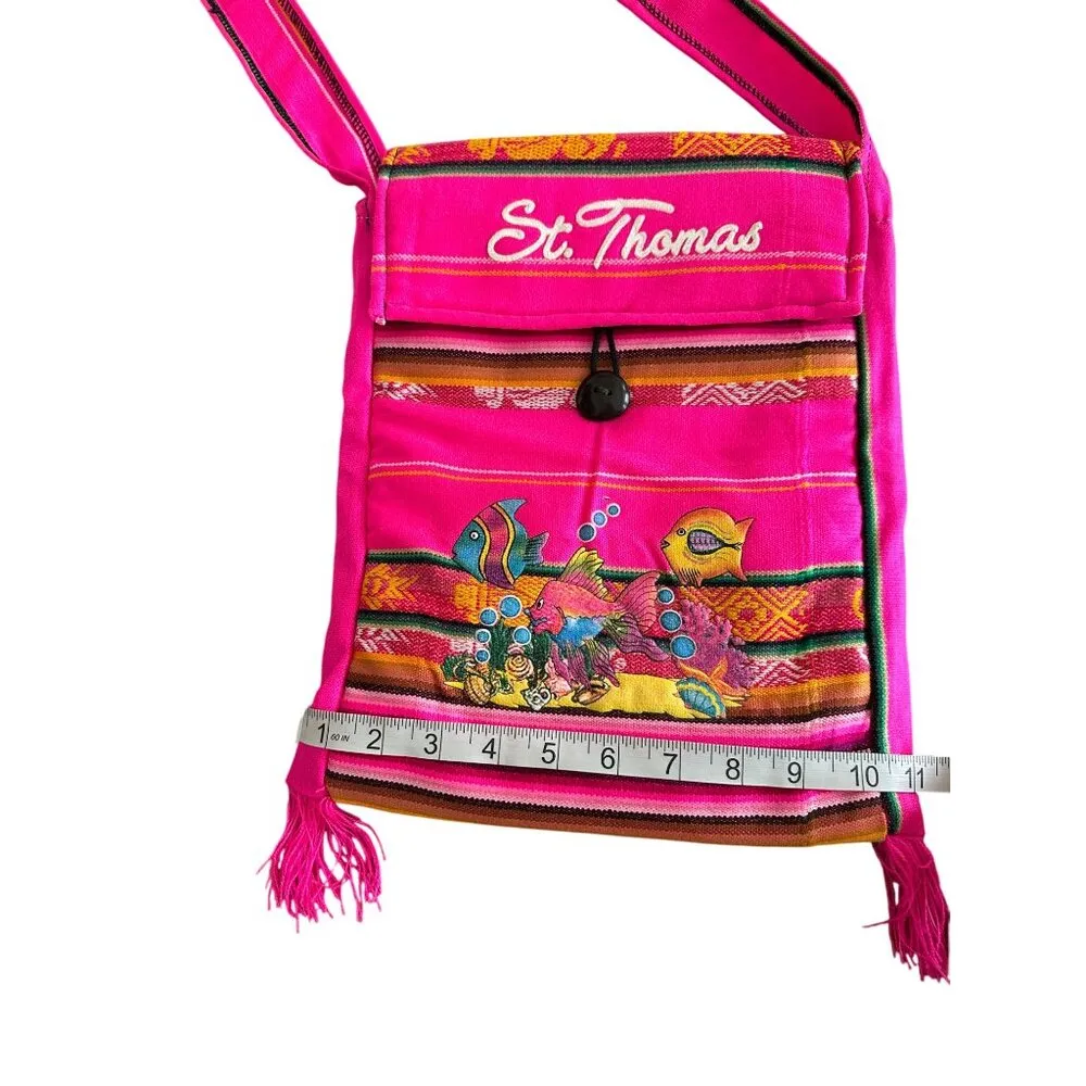 St. Thomas Pink Woven Crossbody Bag Embroidered Fish Design & Fringe Accents - Image 8