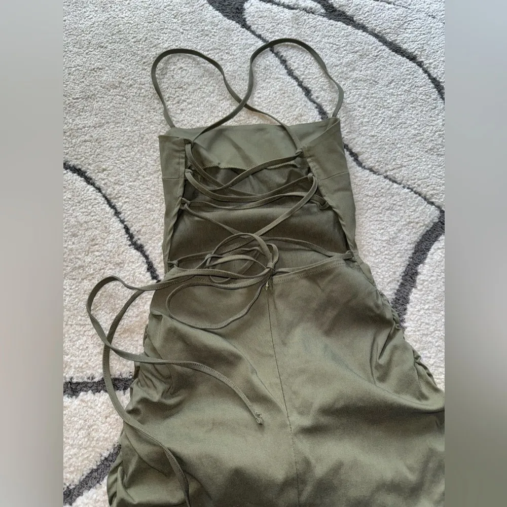 DESIGN lace-up back structured mini dress with square neck in khaki - Image 3