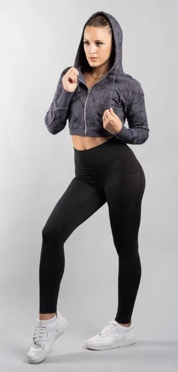 Buff Bunny Collection Gray Citrus Floral Leaf Cropped Zip-Up Hooded Jacket - Image 1