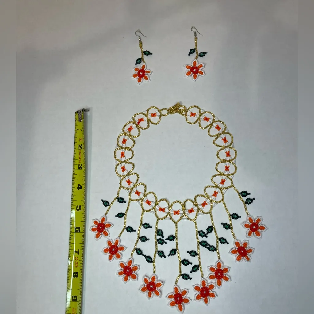 Handmade Floral Beaded Necklace and Earring Set Red - Image 3
