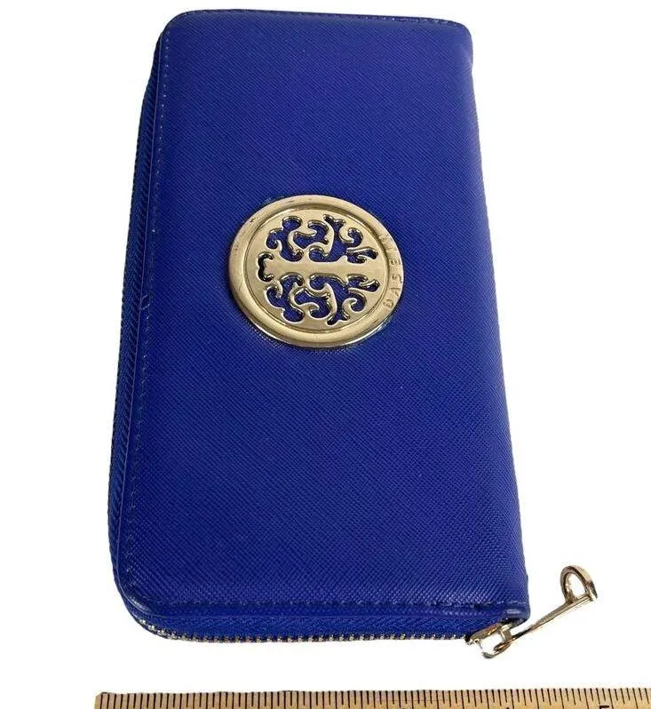 Dasein Zip Around WALLET Blue Gold Emblem Clutch Handbag Purse Faux Leather - Image 7