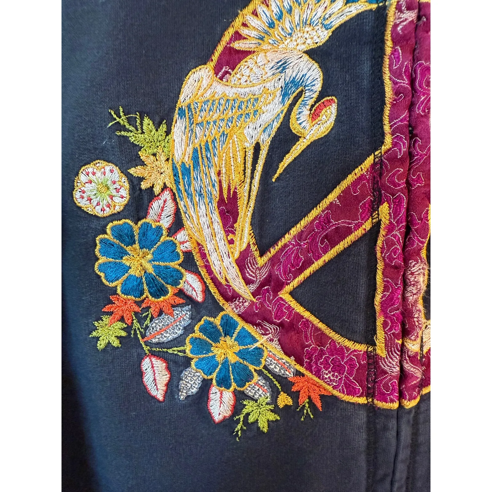 Lucky Brand Peace Sign Floral Embroidery Zip Up Hoodie Black Women's Size Large - Image 6