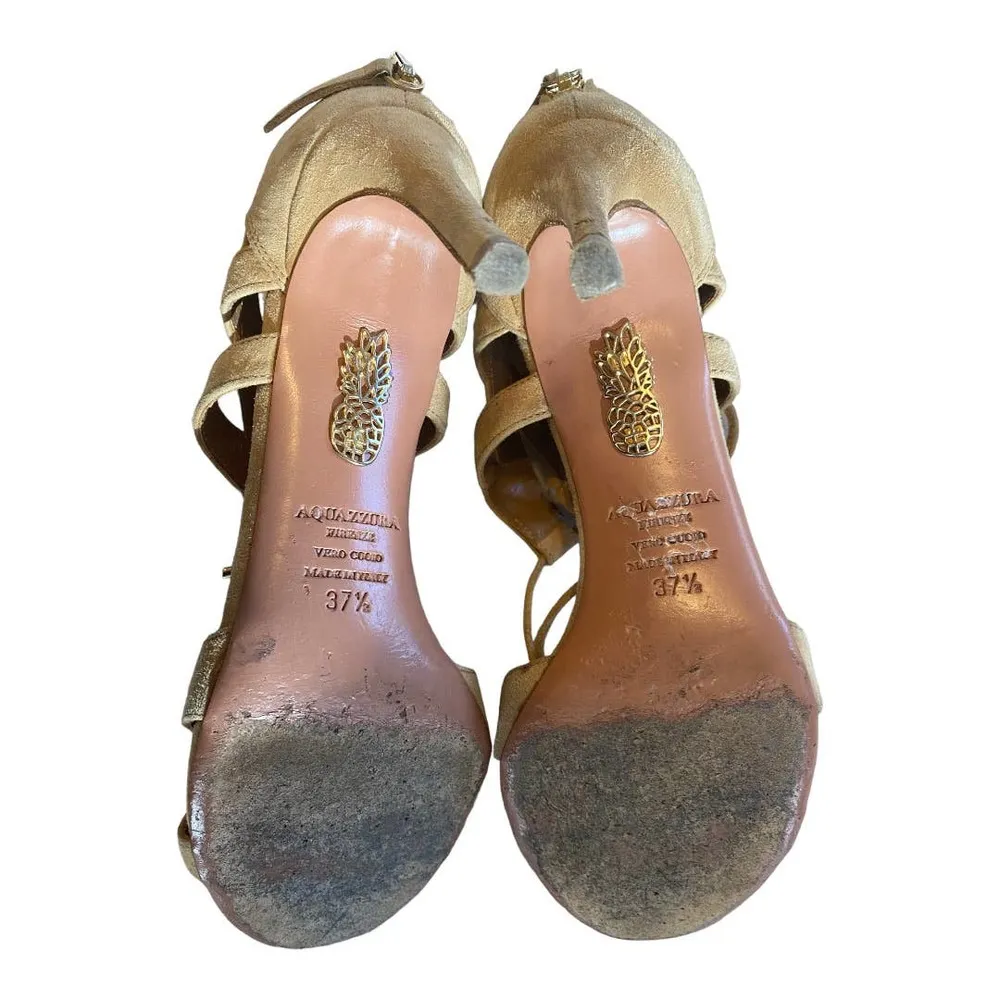 AQUAZZURA Heels Pumps 7.5 Gold Leather Stiletto Lace Up Ankle Open Toe Sandals Size 6.5 - Image 7