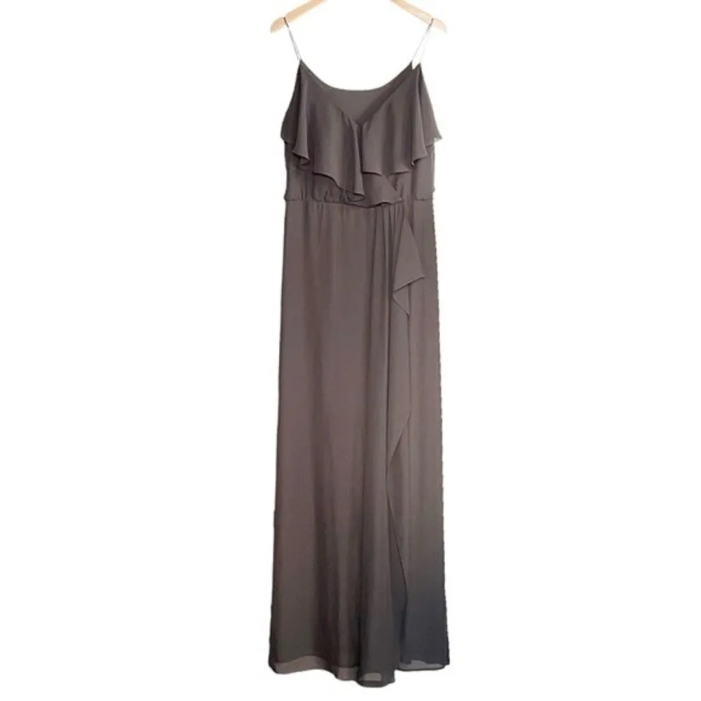 Nouvelle Amsale Drew Gray Chiffon Ruffle Wrap Spaghetti Strap Slip Dress Size XL - Image 4