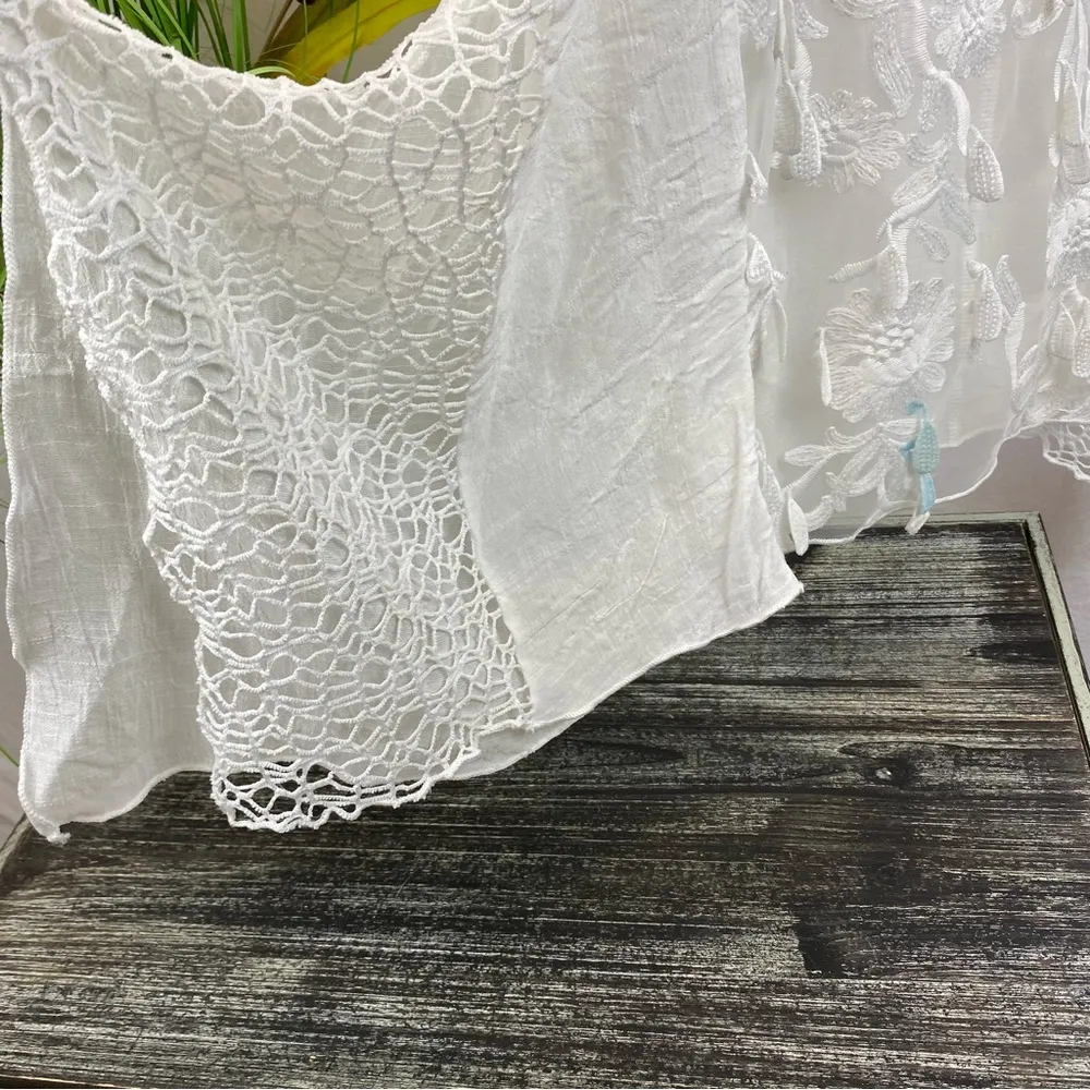 Fleur De Lis White Sheer Shark bite Hem Sleeveless Swim Suit Cover Up M Size M - Image 5