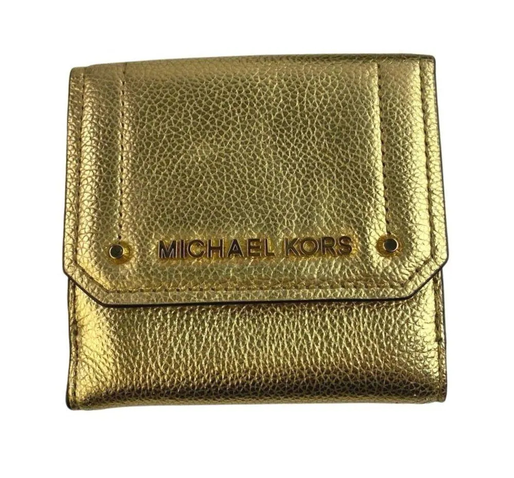 Michael Kors Hayes Women's Gold Metallic Leather Trifold Coin Case Purse Wallet - Image 2
