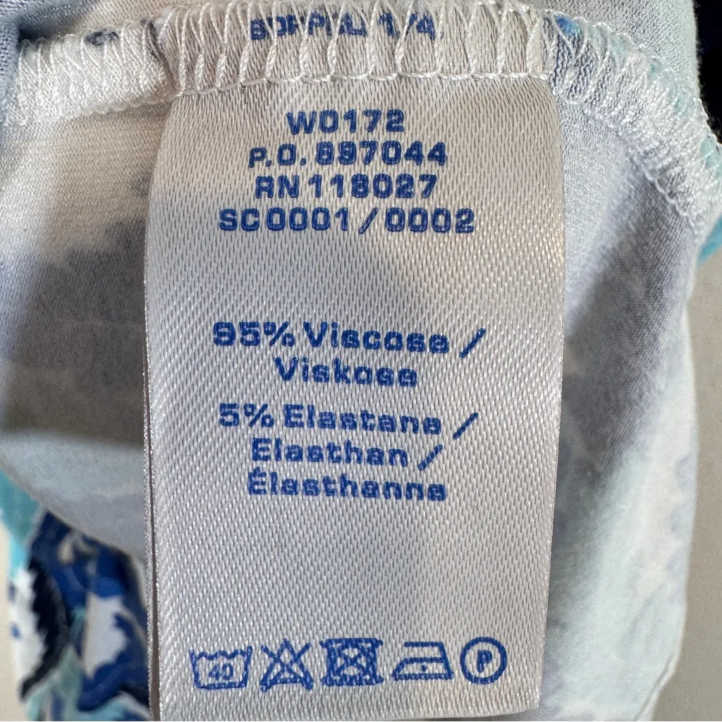 Boden White Blue Feather Print Faux Wrap Mini Dress Womens 8 3/4 Sleeve Jersey - Image 8