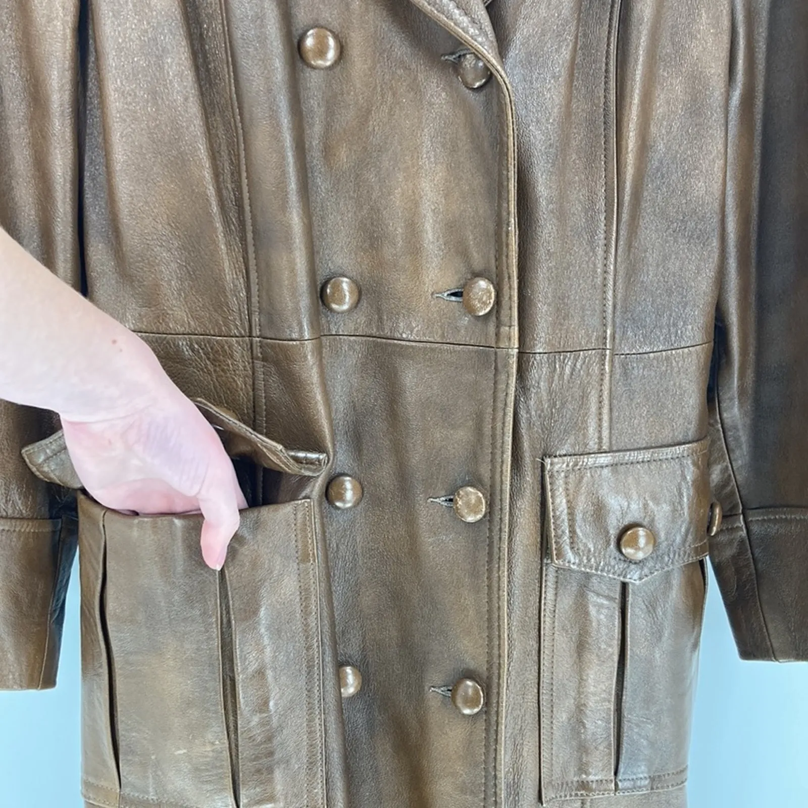 Vintage Marquis of London faux Leather Trench Coat Wing Collar size L mob 70s Brown Size L - Image 4