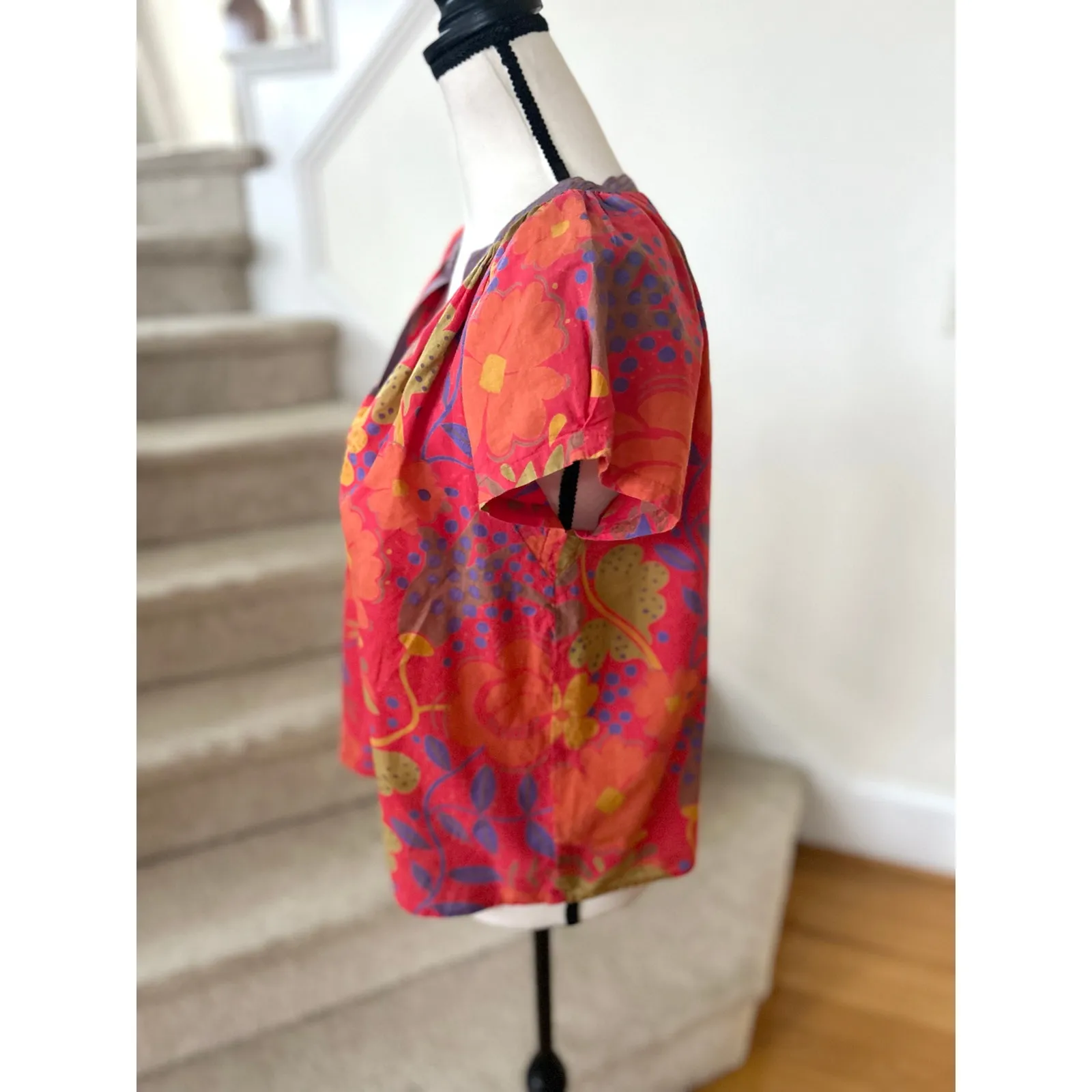 Velvet Graham Spencer Red Orange Boho Floral Print Short Sleeve Blouse - Image 3