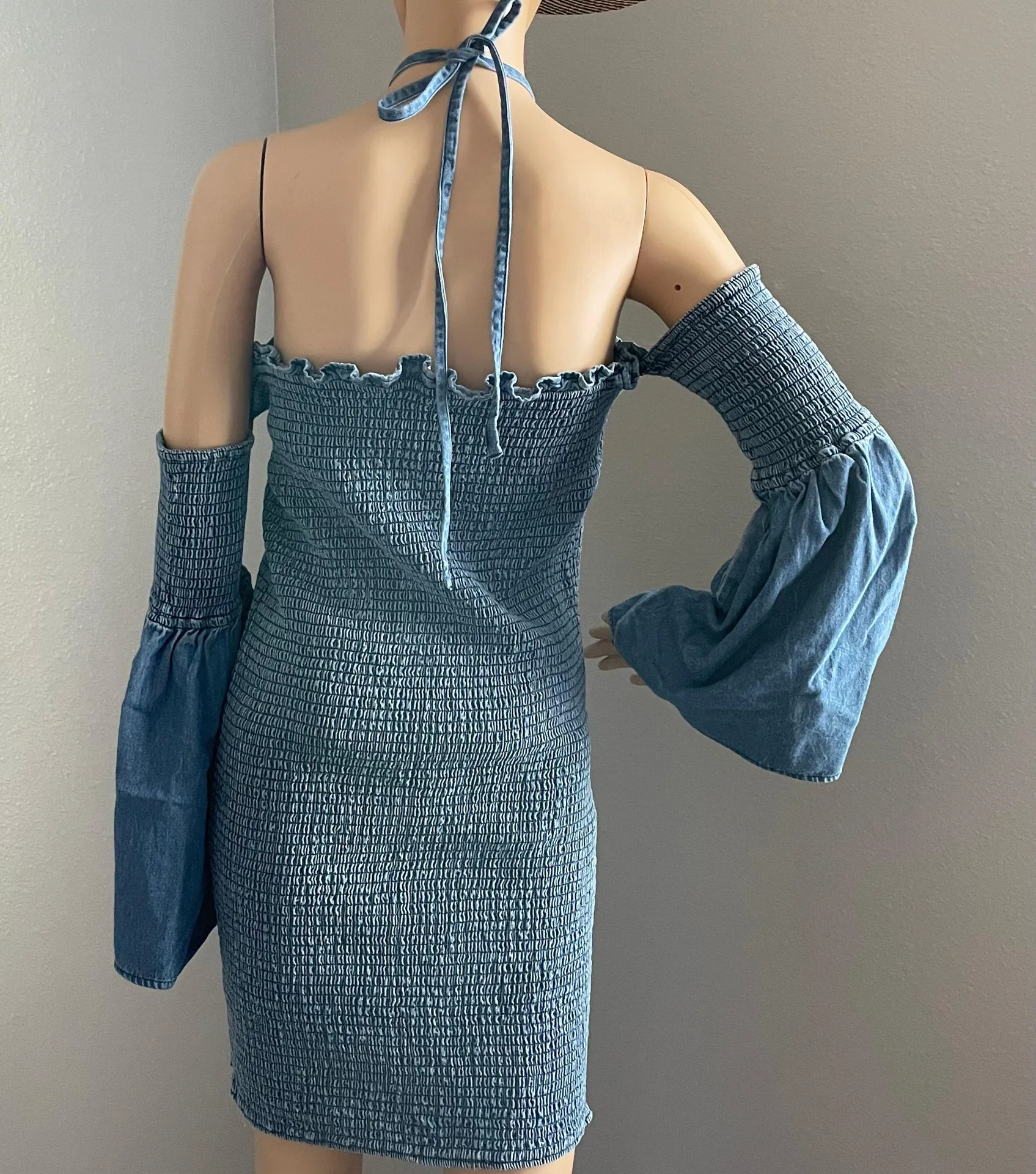 ASOS Denim Mini Dress with Halter Strap and Detatched Bell Sleeves Size 8 - Image 4