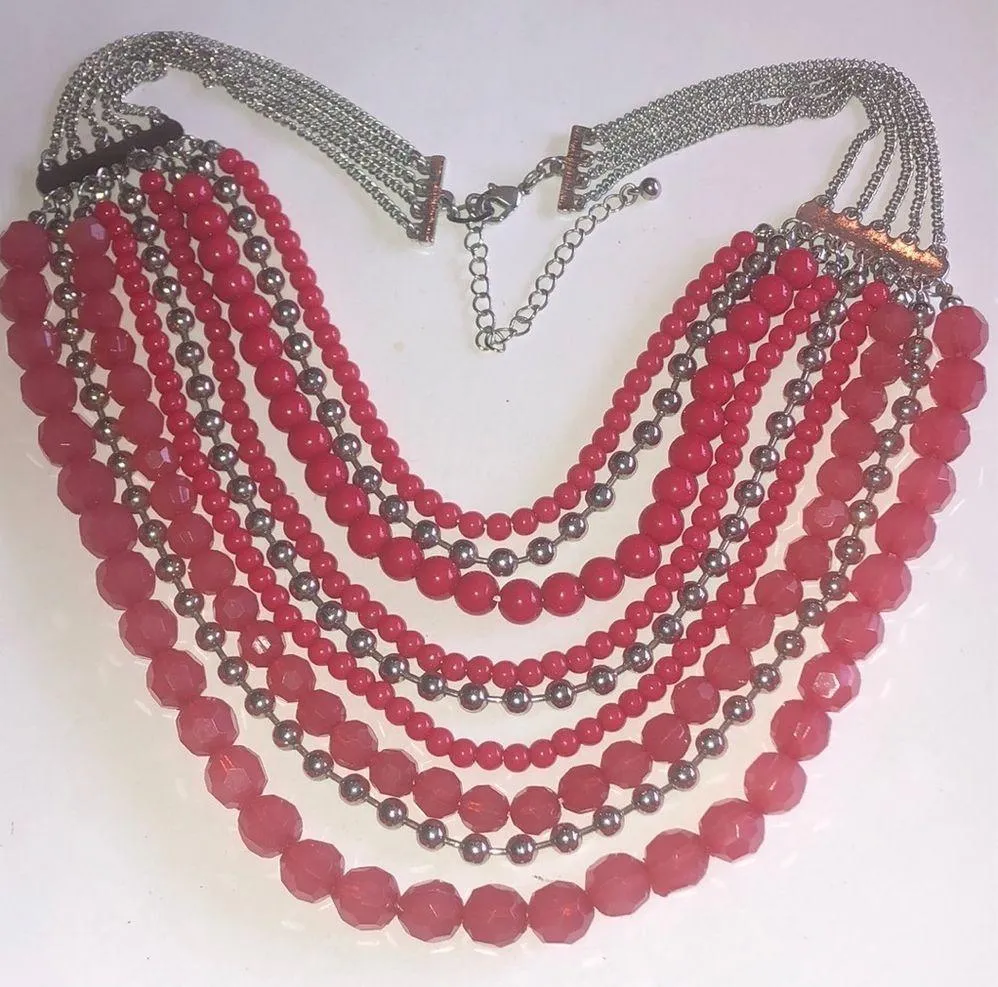 Silver Tone & Pink Multi Strand Beaded Boho Chain Retro Statement Necklace - Image 4