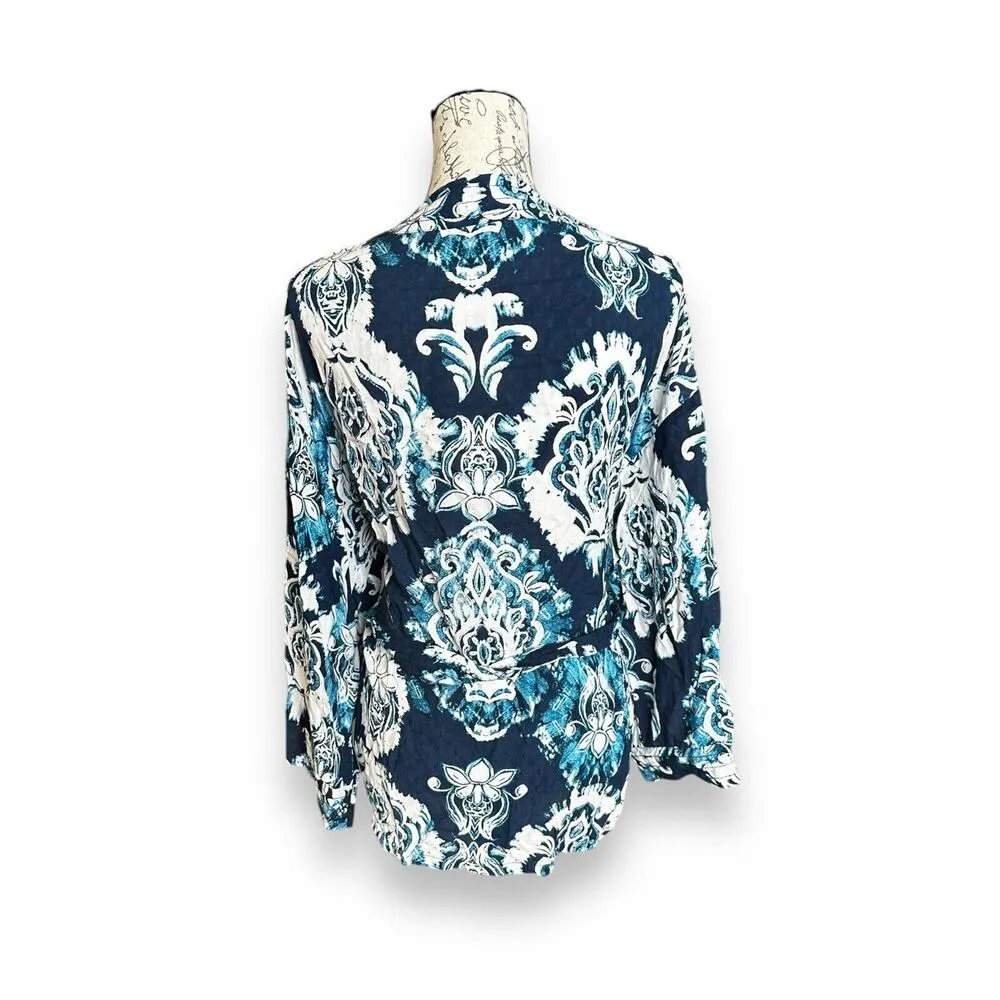 New Haute Hippie Clair Blue Lotus Floral Kimono Cardigan Tropical Tie Medium - Image 3