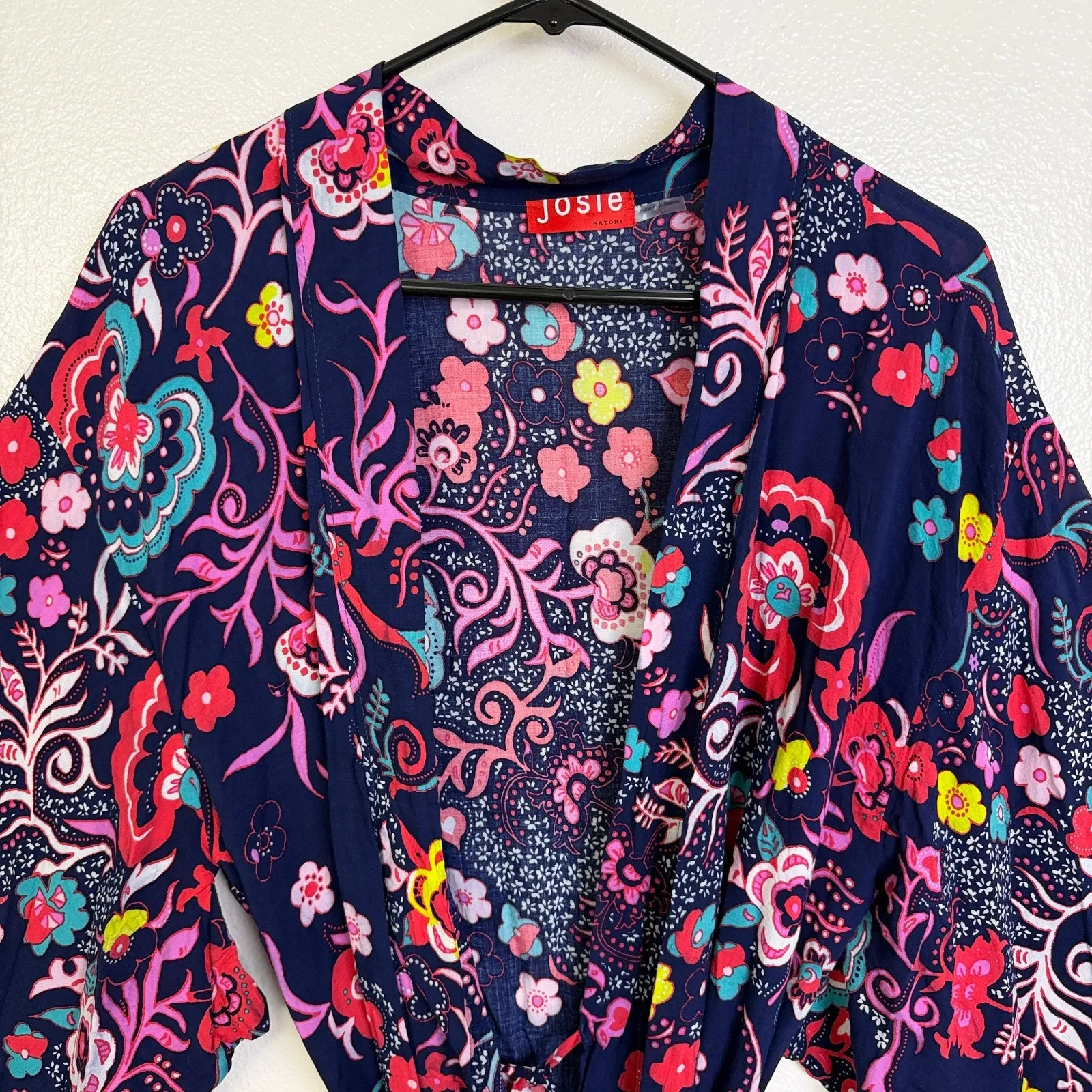 Josie by Natori Robe Kimono Womens Large Navy Multi Floral Boho Colorful Boho Blue - Image 2